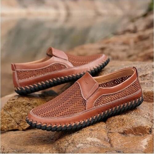 Mens Summer Casual ShoesSoft Soled Fly Woven Mesh Surface Hollow Breathable Stitching Sleeve Foot Casual Shoes Big Size Shoes