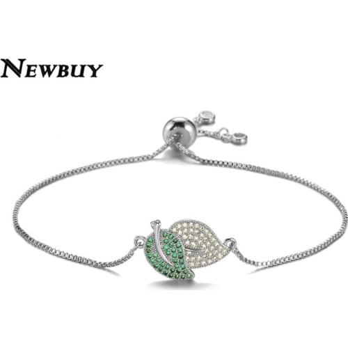 NEWBUY Unique Design Leaf Charm Bracelets For Women Luxury White/Green CZ Stone Pave Setting Jewelry Femme Bijoux Bangle