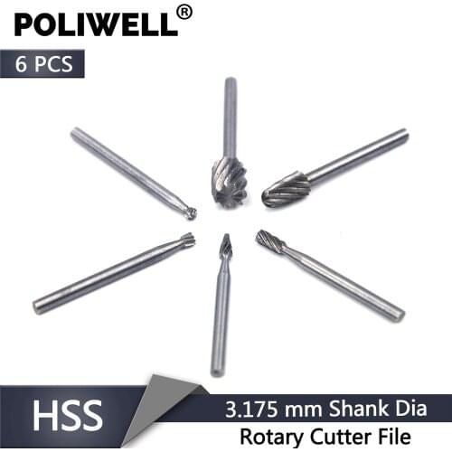 POLIWELL 6PCS Woodworking HSS Rotary Cutter File 3.18mm Shank Mini Grinding Head Drill Bits Power Tools Accessories fit Dremel