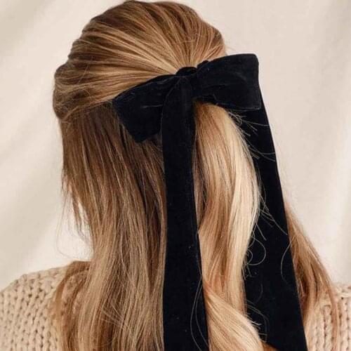 Vintage Black Velvet Bowknot Hair Band Scrunchies For Women Girls Long Elastic Hair Tie Headwear Woman Hair Accessories