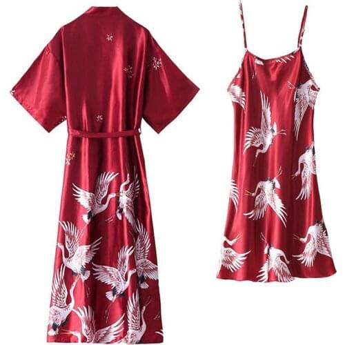 Sexy 2PC Robe Gown Set Women V-Neck Bathrobe Nightwear Spring Lady Sleepwear Sleep Suit Silky Wear Home Negligee Homewear