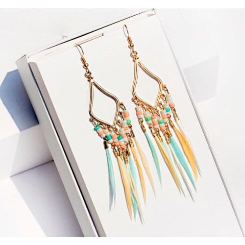 Bohemian Ethnic Long Feather Tassel Feather Colorful Beads Earrings Tibetan Jewelry Vintage Handmade Ladies Jhumka Earrings