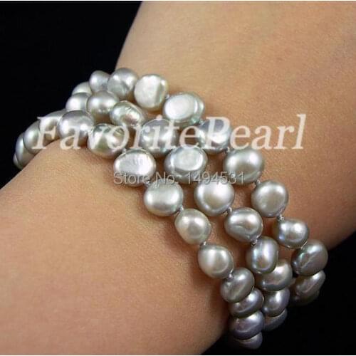 Wedding Pearl Jewelry - Free Shipping -Triple - Row AA 7-7.5 Inches 7-8mm Gray Color Natural Freshwater Pearl Bracelet