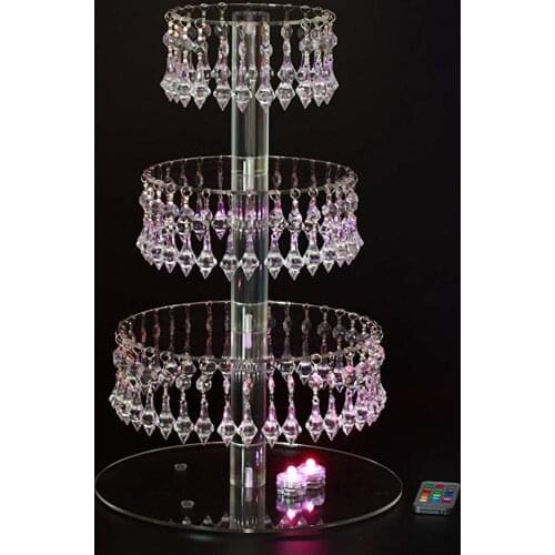 WU 4 Tier Round Acrylic Cupcake Stand Crystal Pendant LED Lamp Wedding Festival Display Rack Cake Stand