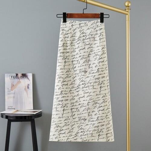 2021 New Summer White Skirt Office Lady Letters Print Elastic High Waist Meduim Type Back Slit Skirt Black Women Freeshipping