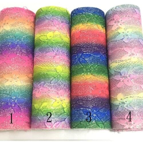 Rainbow Rose Design Lace Mesh Glitter Synthetic Leather Sheet Knitted Backing for Making Shoes/Bags/DIY Accessories