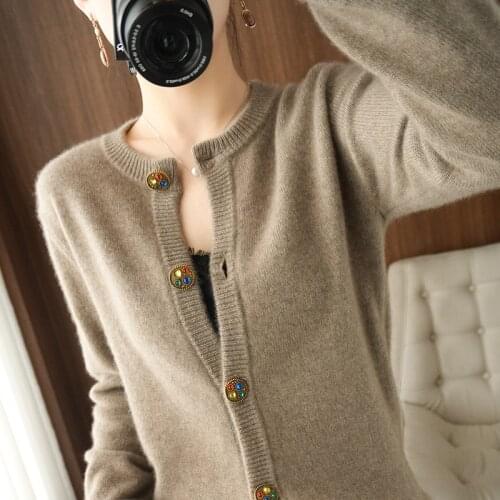 100% Pure Wool Cashmere Sweater Autumn and Winter New Womens O-Neck Cardigan Knitted Oversized Warm Tops Female Jacket