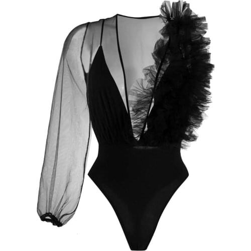 Illusion Black Women Bodysuit One Shoulder V- neck Ruffles Tulle Women Jumpsuit Summer Women Outfit