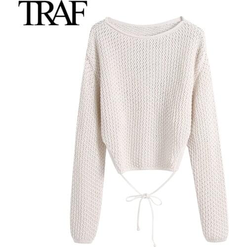 Traf Za Women Fashion Bow White Cropped Sweater Spring Autumn Crew Neck Loose Hollowed Out Knit Pullover Ladies Tops Mujer