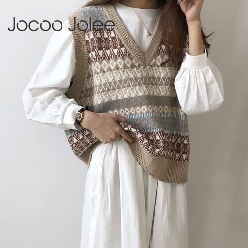 Jocoo Jolee Women Vintage Harajuku Sleeveless Sweater Elegant Geometric Pattern Knitting Waistcoat Pullovers Vest Outwear