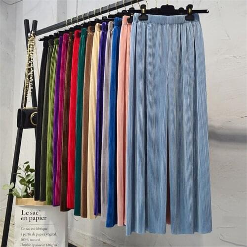 2021 High Waist Soft Women Pleated Pants Summer Casual Comfort Wide Leg Pants Ice Silk Maxi Long Trousers Plus Size M-6XL 7XL