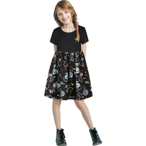 Kids Short Sleeve Black Dresses Girls Cat Printed Princess Dress Summer Children Clothing 2 3 4 5 6 7 Years Girl Elegant Outfits