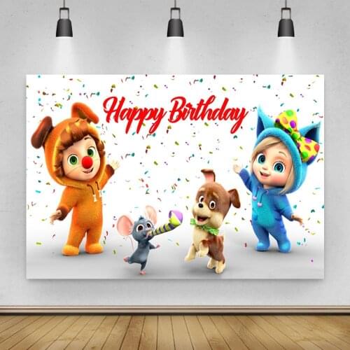 Children and Animals Play with Colorful Cartoon Background Girl Birthday Party Decorate Photography Studio 3D Digital Backdrop