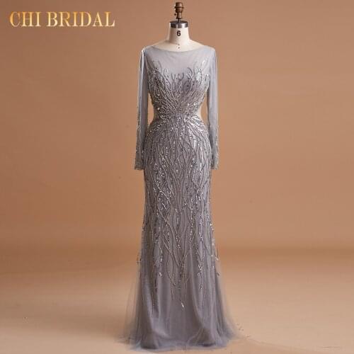 Elegant Full Sleeves Mermaid Evening Dresses Beading Formal Prom Party Gown Sexy Backless Robes De Soirée