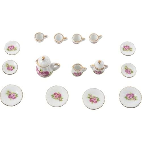 Hot sale 15 pieces Porcelain tea set Dollhouse miniature foods Chinese rose dishes cup