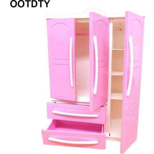 Three-door Pink Modern Wardrobe Play set for Barbi Furniture Can Put Shoes Clothes Accessories with Dressing Mirror Girls Toys