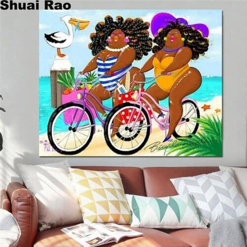 Holiday ride a bike woman 5D DIY Diamond Painting Full Square/Round Diamond Embroidery beach Fat lady Picture of Rhinestones art