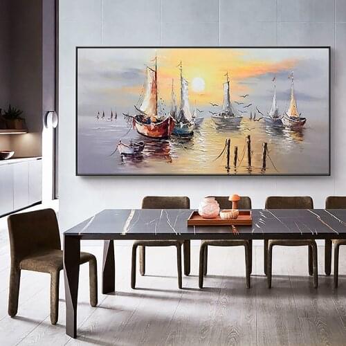 Handmade Oil Painting On Canvas Large Salon Decoration Office Wall Sea Scenery Sailboat Canvas Paintings Hand Painted Picture
