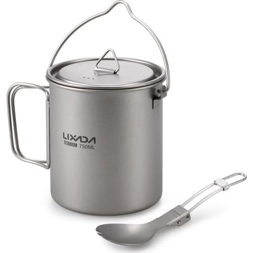 Lixada Lightweight Titanium 750ml Pot with Folding Spork Titanium Cup Camping tableware for Outdoor Hiking Backpacking Picnic