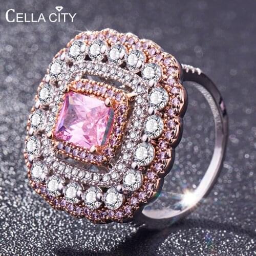 Cellacity Luxury Silver 925 Jewelry Geometry Design Ring for Women Gemstones Pink Crystal Temperament Elegant Banquet Party