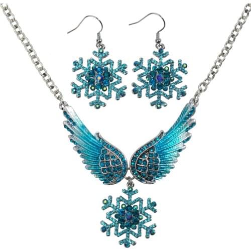 Snowflake Wing Necklace Earrings Sets Blue White Christmas Holidays Ornaments Gifts for Women Girls Crystal Fashion Jewelry