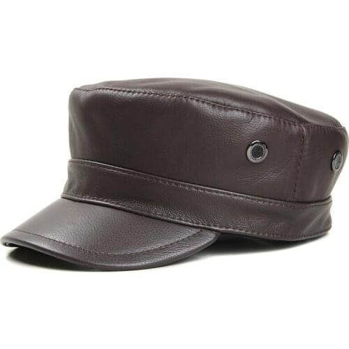 Leather Mens Flat Top Military Hat, Cowhide New Warm Leather Caps For The Elderly In Autumn And Winter