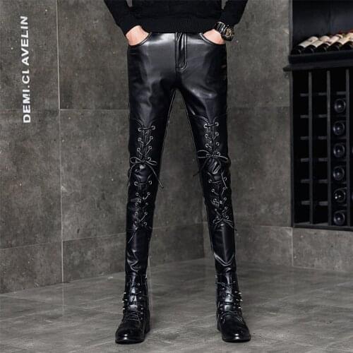 2021 Mens Fashion Rivet Threading Leather Pants Teenagers New Slim Fit Feet PU Leather Pants
