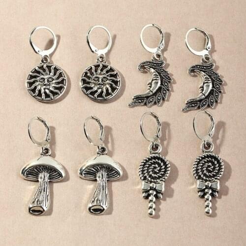 Vintage Silver Color Exaggerated Earrings Mushroom Shape Geometry Pendant Women Earrings Set Birthday Gift