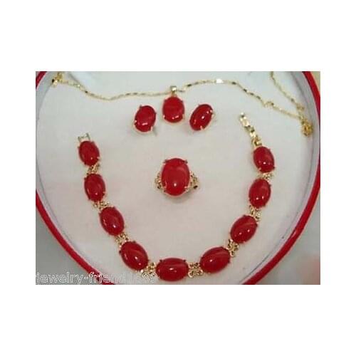 New Style Hot sale Plated Red jade Bracelet earring Pendant Necklace Set Fashion Wedding Party Jewellery