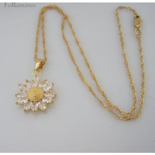ORDER 10$ SHIP WITH TRACKING / YELLOW GOLD GP 18" WATER WAVE NECKLACE & TWELVE PIECES ZIRCON STONES IN SUNFLOWER PENDANT
