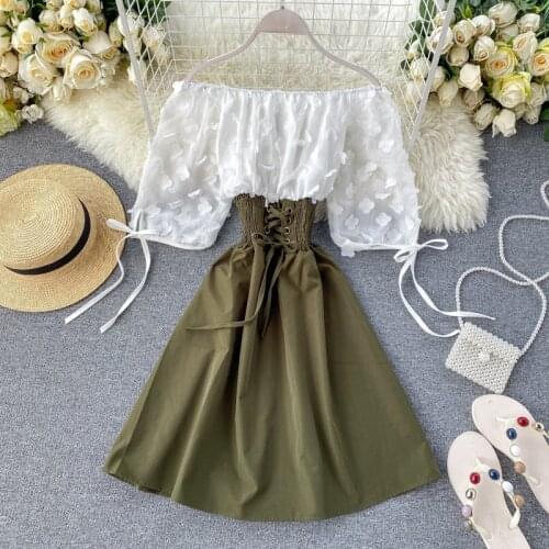 2020 Sexy Off Shoulder patchwork Summer Short Dress Party flower chiffon Slim waist lace up Women casual A-Line beach dress