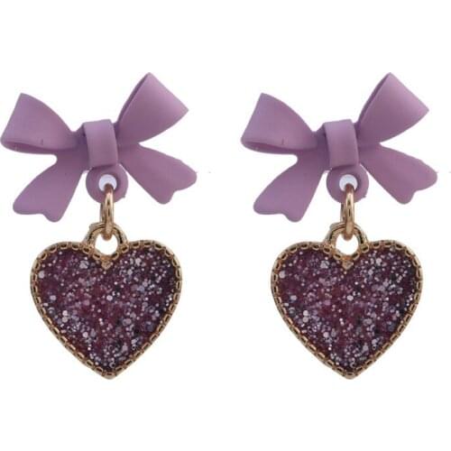 Simple Temperament Womens Gentle Pink Purple Bow Love Earrings Hypoallergenic Fashion Small Fresh Frosted Love Earrings