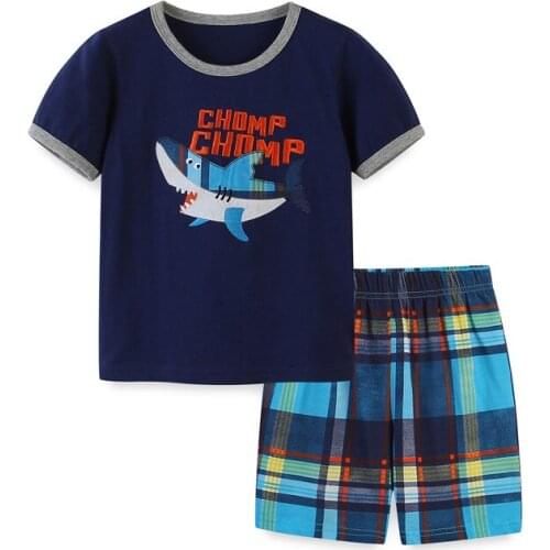 Jumping Meters Summer Clothing Sets With Shark Applique Boys Girls Cotton Fashion Childrens 2 PCS Set Hot Selling Suits