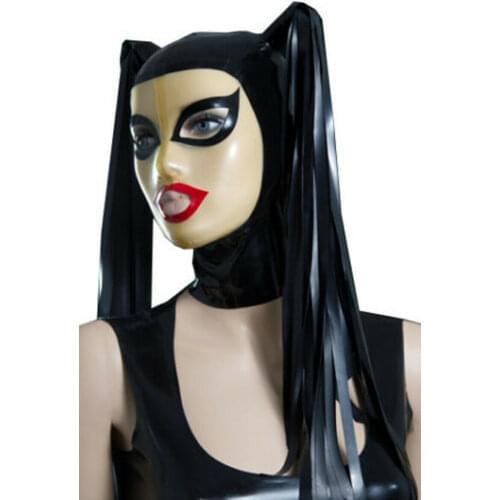 Sexy Latex Mask Hood Cosplay with Tails for Catsuit Unisex Party Wear Unique