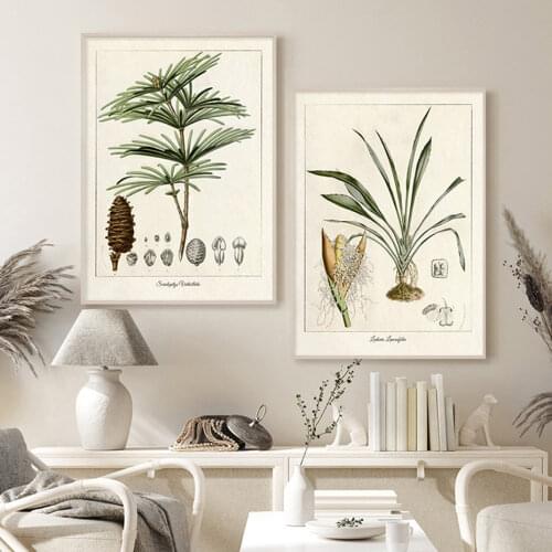Vintage Lancifolia Larix Plants Leaves Beige Wall Art Canvas Painting Prints Pictures Posters for Living Room Home Decorative