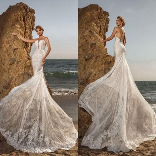 2021 New Wedding Dresses Sleeveless Lace Appliques Mermaid Bridal Gowns Custom Made Button Back Sweep Train Beach Wedding Dress