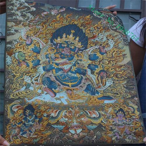 Pulgadas Tíbet bordado de seda 6 brazos Mahakala Wrathful Deity Buda Tangka pintura Mural