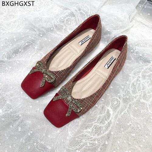 Red Loafers Flats Shoes Women Square Toe Slip on Shoes for Women 2021 Butterfly-knot Boat Shoes Woman Chaussure Femme Zapatillas
