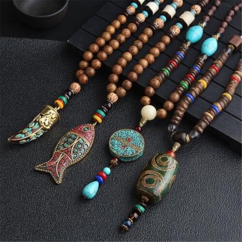 Vintage Ethnic Style Nepali Wooden Bead Pendant Necklace Long Chain Boho Jewelry