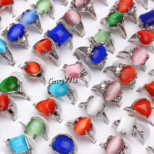 Yingwu 30 Pcs/lot Vintage Silver Plated Ring Oval Opal Ring Engagement Rings For Women Wedding Cat Eyes Ring Wholesale