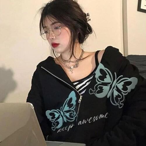 Kpop Loose Hoodie Streetwear HIp Hop Women Clothes Vintage Cartoon Butterfly Print Long Sleeve Sweatshirt Black Zipper Harajuku