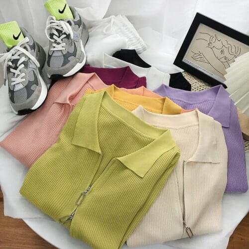 Summer 2021 Womens POLO Lapel Double Zipper Knitted Sweater Cotton Short Sleeve Thin Fashion Casual Black T-shirt Cardigan