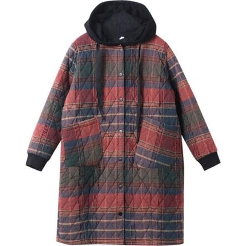 Women Vintage Winter Parkas Plaid Button Cotton Coats Hooded Pockets 2020 New Warm Female Clothes Korean Style Parkas Coats 2XL