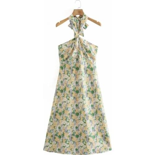 Sexy Floral Printed Bandage Dress Women Halter Sleeveless Backless Bow Slim Hollow Out Midi Dress 2021 Summer Party Beach Dress