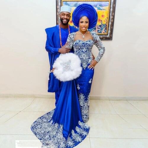 Aso Ebi Style Royal Blue Evening Dress Long Sleeves Lace With Bead vestido longo robe de soiree Sexy Prom Pageatn Gowns Removabl