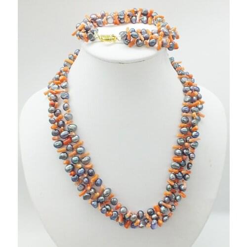 3 rows 7mm natural pearls. Coral necklace bride, bridesmaid, lady, girl, Banquet 19" Fashion Charming necklace bracelet