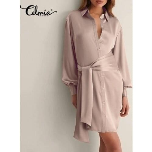 Celmia Satin Mini Shirt Dress Women 2021 Autumn Long Puff Sleeve Elegant Bandage Vestidos Fashion Lapel Collar Casual Long Robe