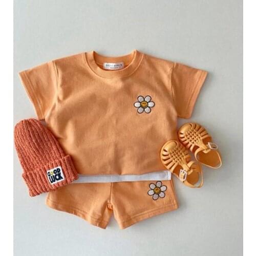 Summer Cute Flower Baby Clothes Short Sleeve Clothes Set Candy Color Girls T Shirt Set Boys Shorts Suit Children Sweatshirt Set