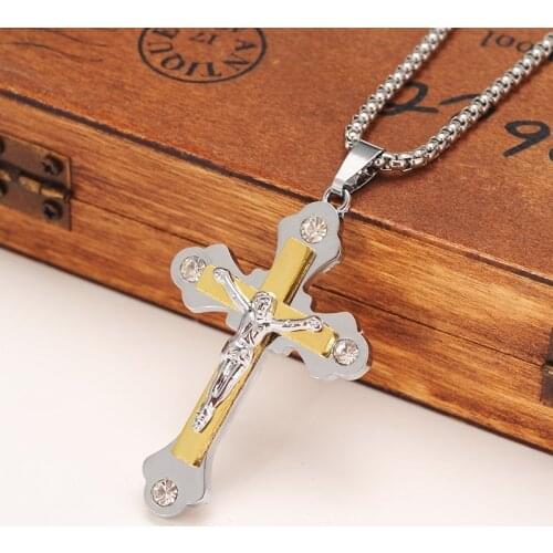 Two Tone Silver Gold Color Jewelry Antique Cross Crucifix Jesus Cross Pendant Necklaces men boys jewelry boyfriend gift diy