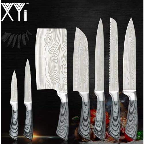 XYj Stainless Steel Kitchen Cooking Knives Set Damascus Pattern Veins Blade Knife Meat Fish Cooking Accessory Knife Storage Box